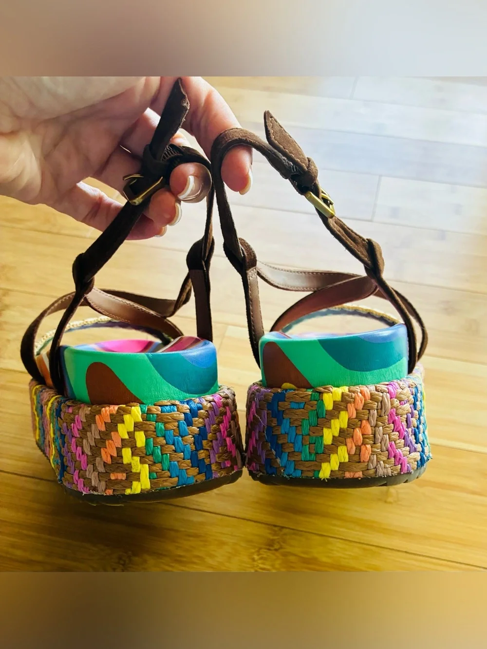 Kurt Geiger Brown Suede Multicolor Platform Sandals Raffia